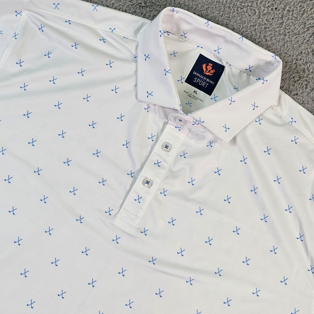 Donald Ross Sport Polo Shirt Mens XL White Golf Club Print Performance Stretch